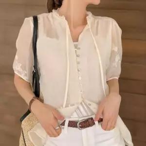 [신상오픈런]여성 스팽글 꽃 자수 리본 시스루 블라우스 (36837539)