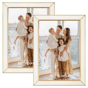 프레임스토리 에나멜 액자 - 5x7 골드 메탈 엣지 화이트 액자, 테이블탑 디스플레이, 책장, 벽 장식, 사진 액자-2 세트용 이젤과 벨벳 뒷면 포함