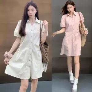 [신상오픈런]여성 단색 카라넥 셔링 반팔 미니 드레스 (33306070)