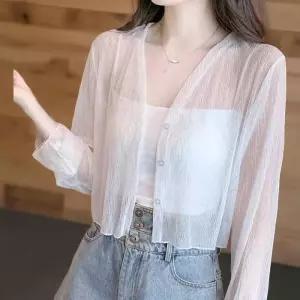 [신상오픈런]여성 크롭 긴팔 가디건 자외선 차단 시스루 노카라 스타일 (33306025)