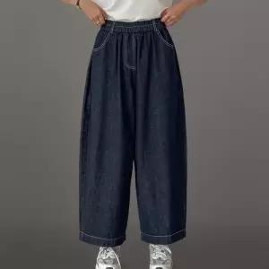 [신상오픈런]여자 가을 스티치 벌룬 와이드핏 밴딩 개강룩 청바지 (41033101)