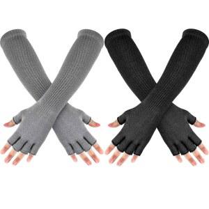 2쌍 겨울용 손가락 없는 장갑 긴 보온 니트 신축성 팔 워머 남성용 반지갑, 11인치