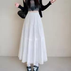 [신상오픈런]여성용 화이트 레이스 롱 스커트 러블리 플레어 밴딩 (41032737)