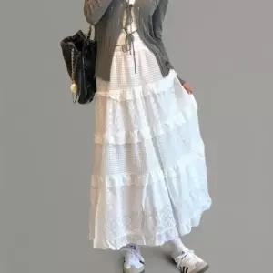 [신상오픈런]여성용 화이트 레이스 플레어 롱 스커트 캉캉 디자인 (41032735)