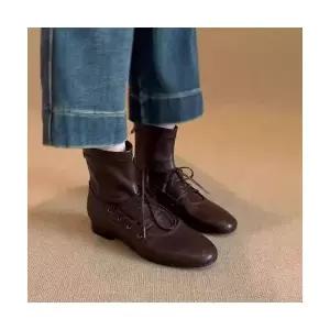 여성용 워커힐 양가죽 빈티지 라운드 플랫 슬림 워커 스트랩 스판 부츠 CH5