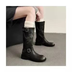 여성용 워커힐 페인팅 워커 키높이 빈티지 미들부츠 리얼 가죽 슬림 부츠 CH5