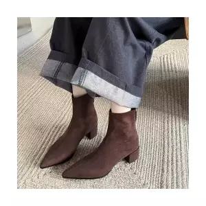 여성용 워커힐 소가죽 스틸레토 통굽 앵클 부츠 빈티지 스웨이드 스판 슬림 CH5