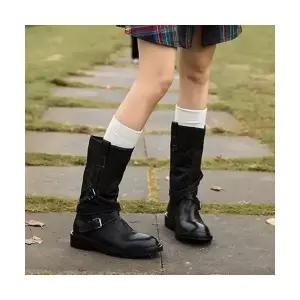 여성용 워커힐 소가죽 빈티지 워싱 버클 워커 가죽 굽 와이드 미들 부츠 CH5