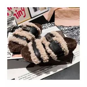 여성용 스트랩 샌들 스웨이드 퍼 메탈 버클 오픈토 일자 플랫 슬리 버켄 화 CH5