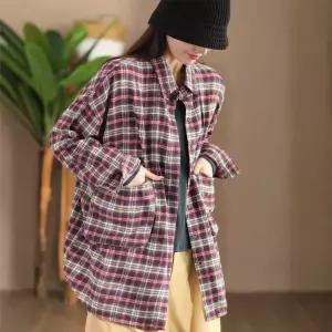 여성 롱 모직 캐주얼 빈티지 카디건 루즈핏 셔츠 체크 상의 컬러짜임 KS1
