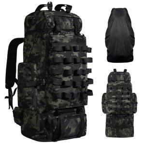 레인 커버가 있는 LibSkyln 70L/100L 캠핑 하이킹 백팩, 확장 가능한 대형 군용 전술 방수 몰 랙삭 여행용 배낭 트레킹 데이팩(블랙 CP)