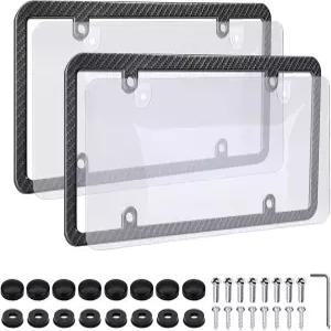 LIN KANG 2팩 탄소 섬유 패턴 번호판 프레임 및 투명 플랫 커버 콤보 참신한 깨지지 않는 차폐 나사 캡