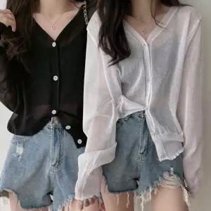 여성 여름 브이넥 스타일 얇고 시원한 긴팔 가디건 롱 니트