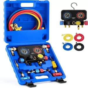 오리온 모터 테크 AC 게이지 R1234yf R134a R404a 냉매용 4방향 매니폴드 세트 호스 퀵 커플러가 장착된