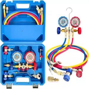 R410 R22 R134A R404 냉매용 호스 커플러 및 어댑터가 포함된 Sutekus AC 게이지 세트 3방향 매니폴드