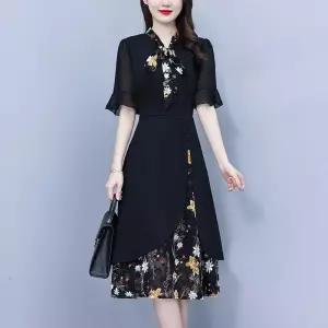 EAMT 원피스 여성 브이넥 반팔 빅사이즈 슬림핏 쉬폰 EUNG1