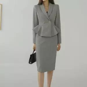 EAMT 원피스 치마 가을 투피스 여자 체크 정장 브이넥 무릎까지 코트 프릴 쉬폰 오는 힙 EUNG3