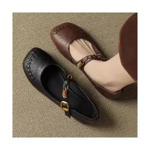 여성용 스트랩힐 신발 빅 라운드 토오픈 메리제인 슈즈 프린지 메탈릭 리얼 가죽 플랫 KS5