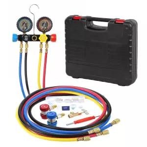 PB 모터 테크 4방향 AC 매니폴드 게이지 세트 R22 R134A R410A 냉매에 맞는 빠른 커플러 어댑터 및 필요한