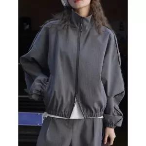 EAMT 여친 캐주얼 야구 점퍼 봄가을 파리 패션 스트라이프 집업 자켓 하이넥 박시 슬림핏 코트 EUNG1