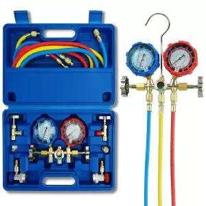 CALPOSE 3방향 AC 게이지 R134a R410a R12 R22 R502 냉매용 매니폴드 세트 5FT 호스가 있는 어댑터 천공 및
