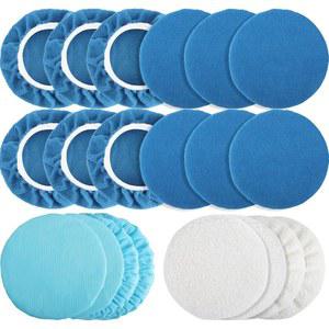 20피스 폴리싱 보닛 패드, 자동차 폴리셔 패드 보닛 7-8인치, 자동차 버퍼 보닛 마이크로파이버 보닛 왁스 보닛 세트, 믹스 팩 12 마이크로파이버 4 비직조 울 4종 자동차 폴리셔용