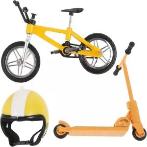 Lurrose 1세트 미니어처 자전거 스쿠터 세트 모델 헬멧 미니 핑거 장난감 마이크로 조경 장식 정원