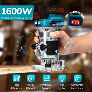 브러시리스 전기 소형 라우터 핸드 트리머 6단 속도 1600W 무선 목공 조각 18V 배터리 핀용