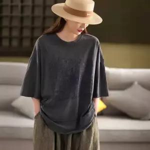 엘럽 면 여름 빈티지 여자 프린트티 스크래치 프린트 상의 라운드넥 반팔 맨투맨 슬림핏 티셔츠 원템1