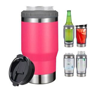 12온스 캔과 맥주 병을 위한 여행용 머그잔 및 캔 단열재 4 in 1. 스테인리스 스틸 진공 단열 컵과 써모쿨러. (브라이트 핑크)