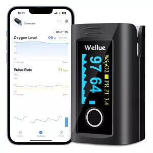 웰루 블루투스 맥박 산소 측정기 손가락 끝 무료 APP 배터리 휴대용 가방 및 랜야드가 포함된 혈중 포화도