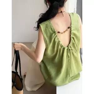 엘럽 원피스 여름 빈티지 여친 그렇다면 내추럴한 린넨 뒤 스트랩 비즈 루즈핏 차가운 나시 블라우스 원템1