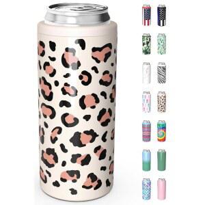 슬림 맥주 & 하드 셀처용 틸럭 스키니 캔 쿨러, 스테인리스 스틸, 더블 월 스테인리스 단열 슬림 캔, 스탠다드 12온스(레오파드 프린트)