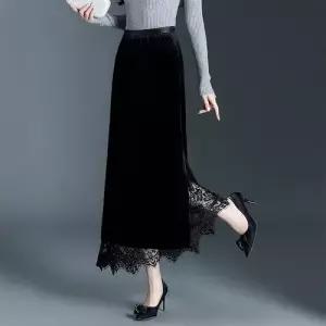 픽토 치마 여자 검정 롱 가을 랩 하이웨스트 레이스 H라인 일자 슬림핏 벨벳 A라인 젠3