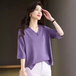 엘럽 여자 니트 봄 쿨링 브이넥 반팔 티셔츠 여름옷 부 소매 상의 박템1