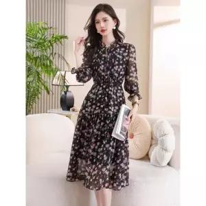 엘럽 여성용 원피스 검정 빈티지 가을 쉬폰 라운드넥 슬림핏 긴팔 박템3