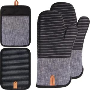 4PCS 팁탭 오븐 미트 주방 세트 미끄럼 방지 면 및 냄비 홀더 내열성 세탁기 사용 가능 긴 2개 2개블랙