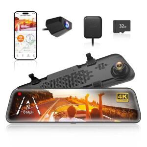 WOLFBOX G840S 12인치 4K 미러 대시캠 백업 카메라, 5.8GHz WiFi 스마트 백미러, 전면 및 후면 뷰 듀얼 야간 투시, 주차 지원, 32GB 카드 GPS 포함