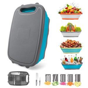 접이식 캠핑 도마, 9-in-1 컬러 캠핑용 주방 채소 세척 바구니, 선물 액세서리(블루+그레이)