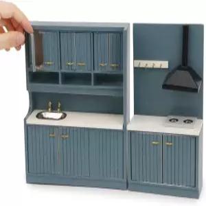 인형의 집 주방 세트 미니어처 나무 가구 캐비닛 다이닝 룸 키트 1/12 스케일 액세서리스타일A블루