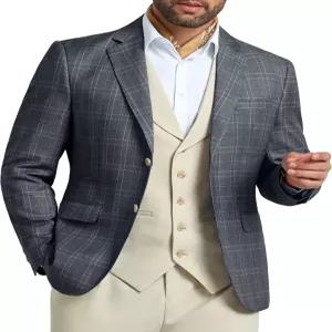 남성 블 슬림 핏 스트라이프 격자무늬 캐주얼 정장 재킷 남성용 투 버튼 비즈니스 라펠 스포츠 코트