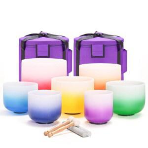 CVNC 432Hz 6-12인치 세트 7개의 아리아 그라디언트 디자인 프로스팅 쿼츠 크리스탈 노래 그릇 2개와 사운드 힐링 및 테라피 명상용 캐리어 케이스 백 2개 포함