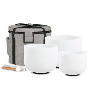 CVNC 세트 3 PCS 440Hz 6인치 A 노트 8인치 F 및 10인치 C 프로스트 차크라 쿼츠 크리스탈 노래 볼과 캐리 케이스 백 포함