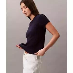 CALVIN KLEIN JEANS 여성 모노그램 패치 슬림 와플 반팔 티셔츠 47F233G 9EI47F233G9EI 131713