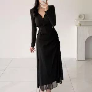 [신상오픈런]여성용 사랑스러운 쉬폰 배색 뒷밴딩 셔링 롱 스커트 (41564591)