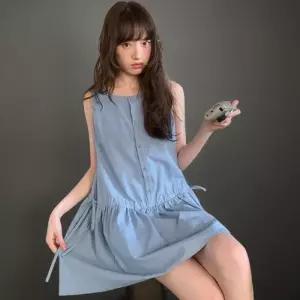[신상오픈런]여성 민소매 미니 원피스 스트링 단추 블루 러블리 스타일 (38767495)