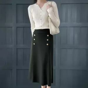 [신상오픈런]여자 더블버튼 하이웨스트 밴딩 A라인 가을 롱스커트 (41368864)