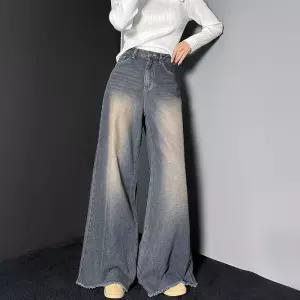 [신상오픈런]여성용 컷팅 디스트로이드 부츠컷 맥시 와이드 워싱 진 (40947469)