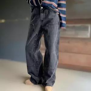 [신상오픈런]여성 블랙 리벳 진 레이어드 루즈핏 와이드 청바지 (40947444)