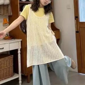 [신상오픈런]여성 여름 레이어드 메시 펀칭 슬릿 롱 조끼 (38169557)